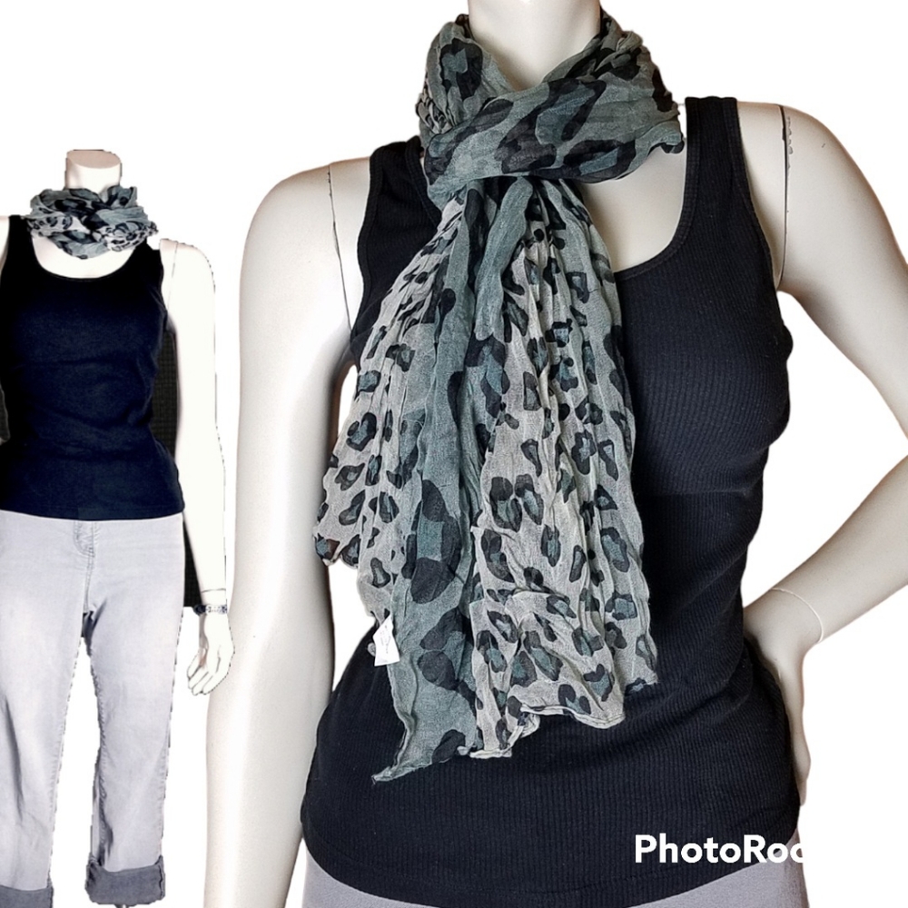 Large Long Animal Print Lightweight LEOPARD Black Grey Scarf from Apt. 9